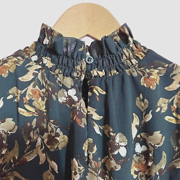 Drew Floral Green Fern and Brown Ruffle Chiffon Knee Length Dress Size M NWT - Picture 2 of 9